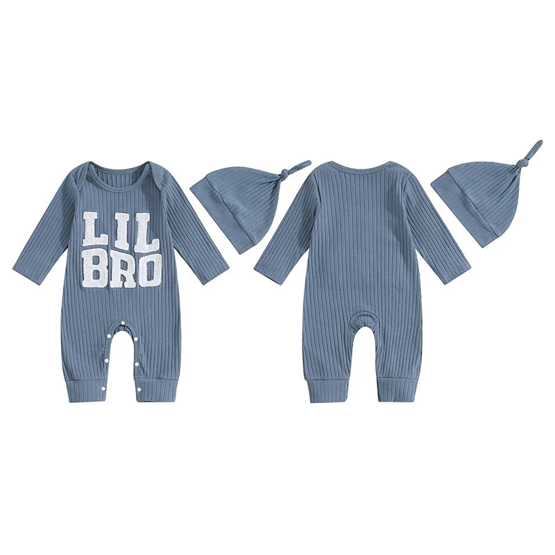 Baby Boy 2Pcs Lil Bro Jumpsuit and Hat Set Long Sleeve Round Neck Letter Print Ribbed Romper with Beanie Outfit