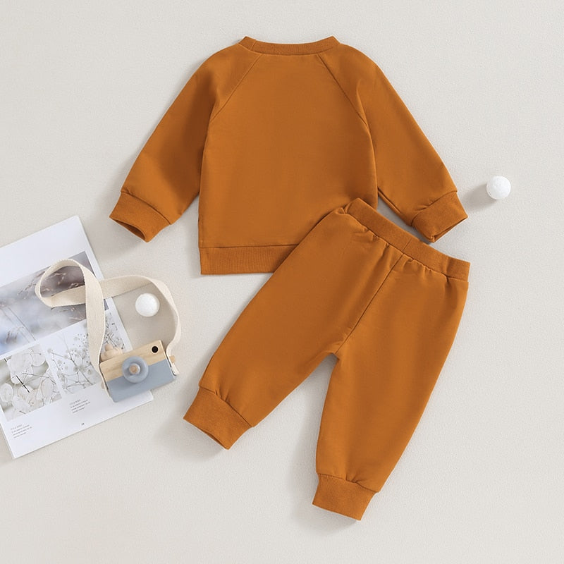 Toddler Baby Boys Girls 2Pcs Fall Outfits Long Sleeve Split Hem Tops Pocket Pants Solid Color Clothes Sets