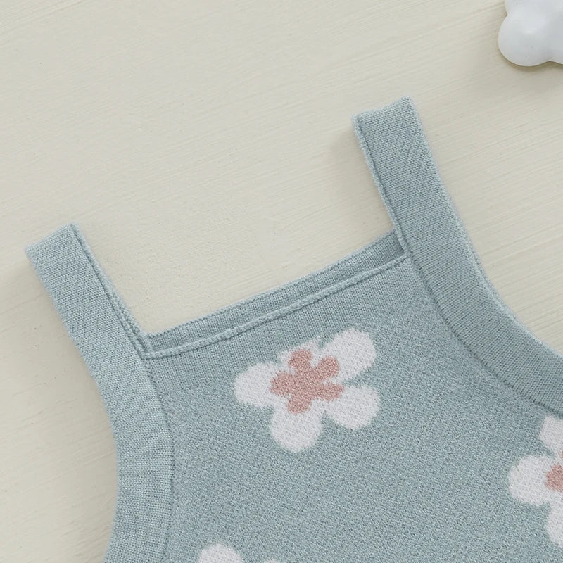 Baby Girls Summer Sleeveless Tank Strap Bubble Romper Knitted Floral Flower Print Bodysuit