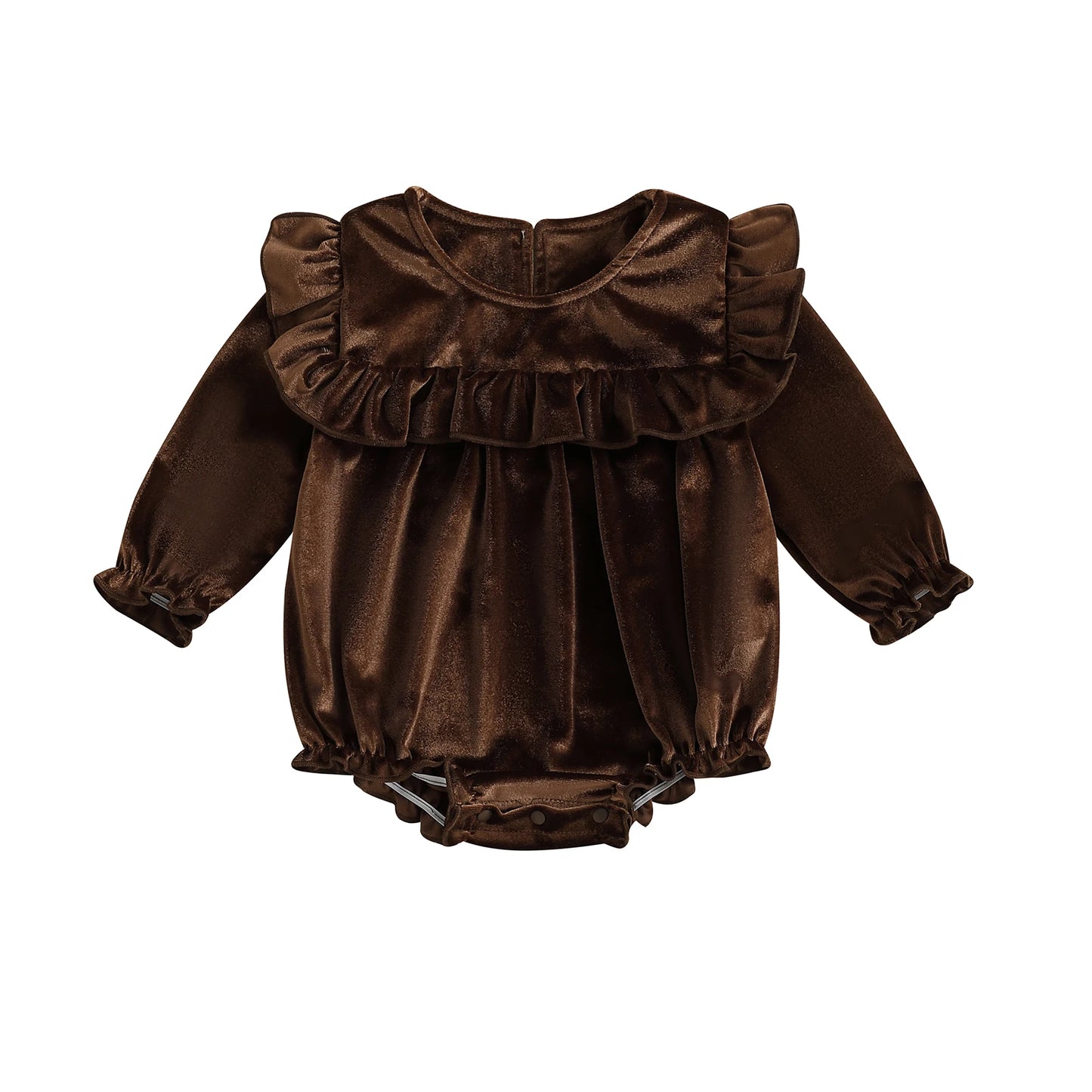 Baby Girls Velvet Romper Solid Color Ruffled Round Neck Long Sleeve Bubble Jumpsuit