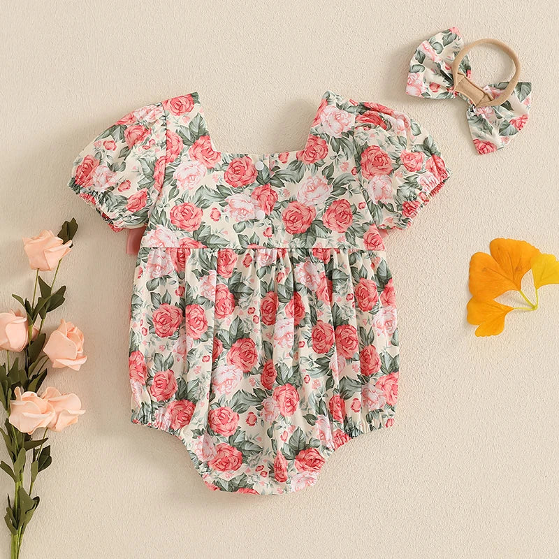 Baby Girls 2Pcs Romper Floral Print Short Sleeve Bodysuit Jumpsuit with Bow Headband Set