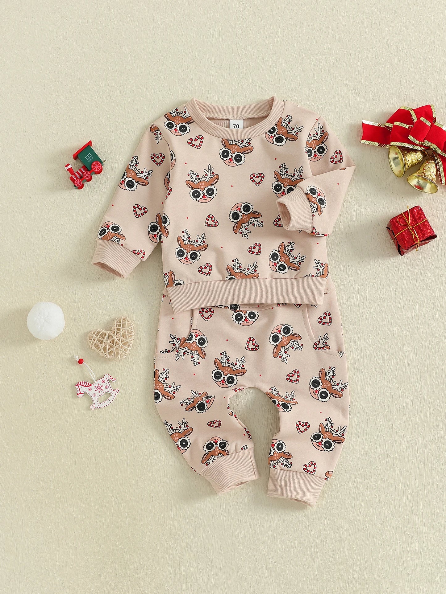 Baby Toddler Girls Boys 2Pcs Clothes Jogger Set Christmas Reindeer Pattern Long Sleeve Pullover Pants Outfit