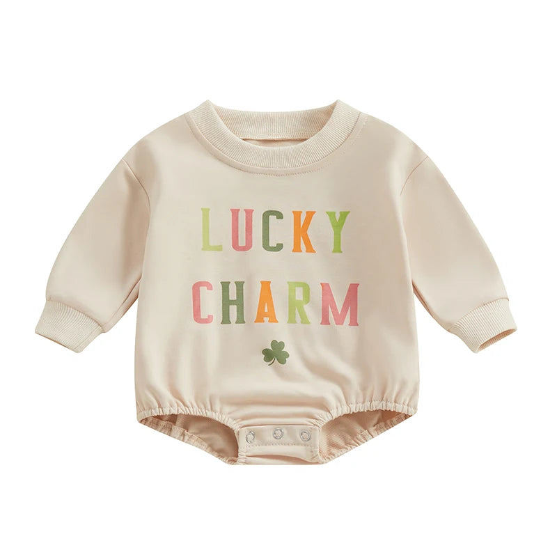 Baby Toddler Girl Boy St. Patrick's Day Bubble Romper Long Sleeve Lucky Charm Shamrock Print Clover Jumpsuit