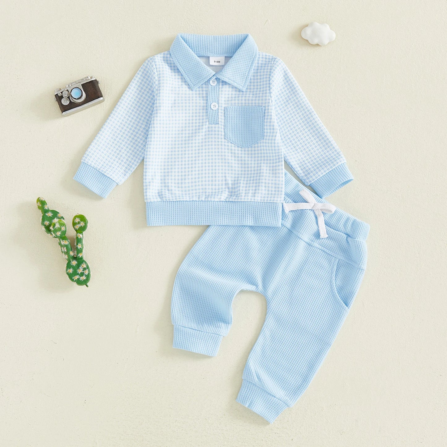 Baby Toddler Boys 2Pcs Outfit Long Sleeve Plaid Collared Top + Jogger Pants Set