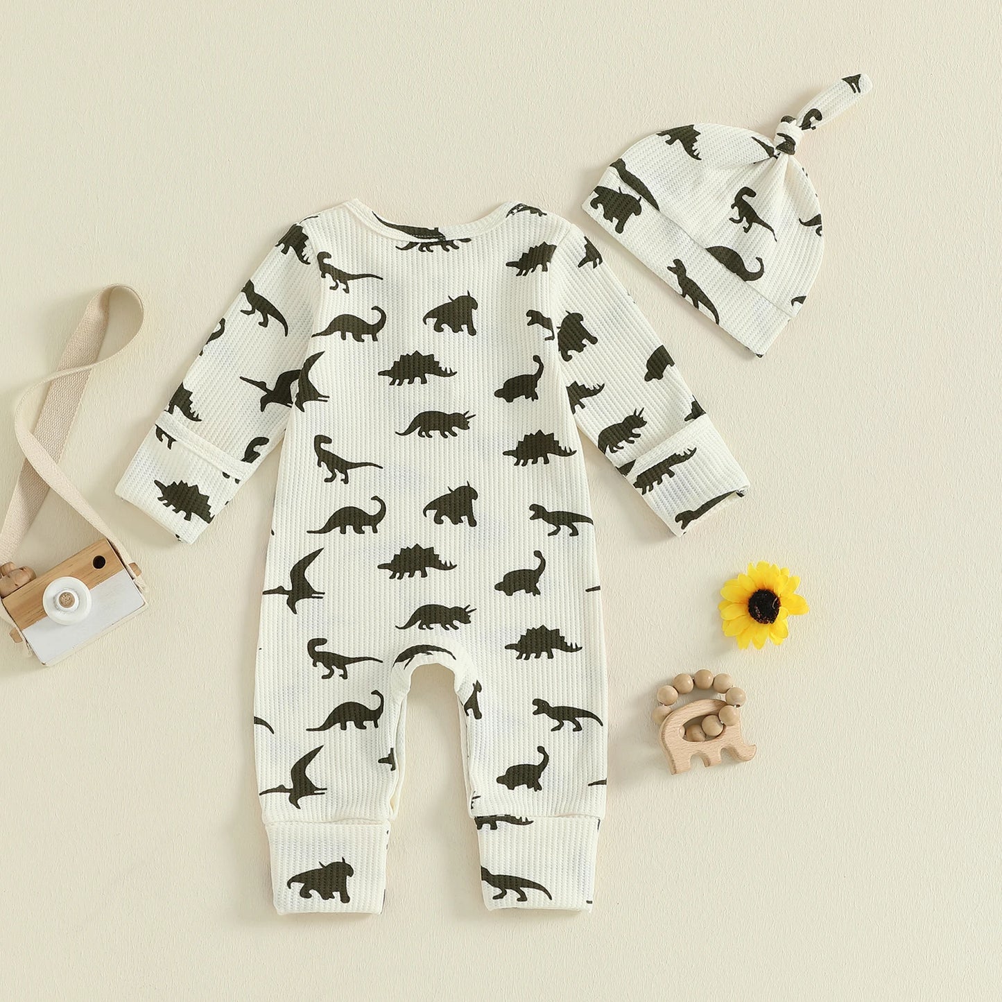 Baby Boys Girls 2Pcs  Jumpsuit Set Long Sleeve Crew Neck Dinosaur Print Fall Casual Romper with Hat