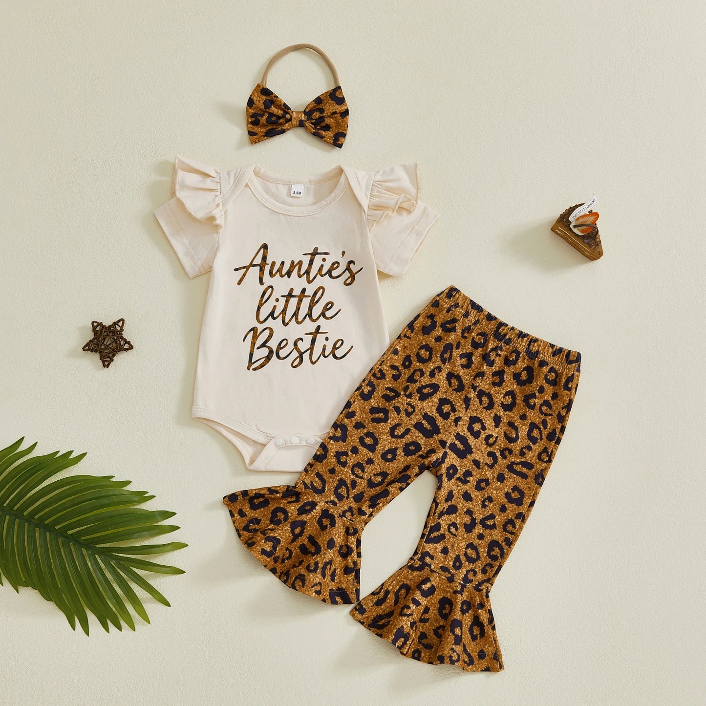 Baby Girl 3Pcs Auntie's Little Bestie Spring Outfits Letter Short Sleeve Romper with Leopard Pattern Flare Pants and Bow Headband Set