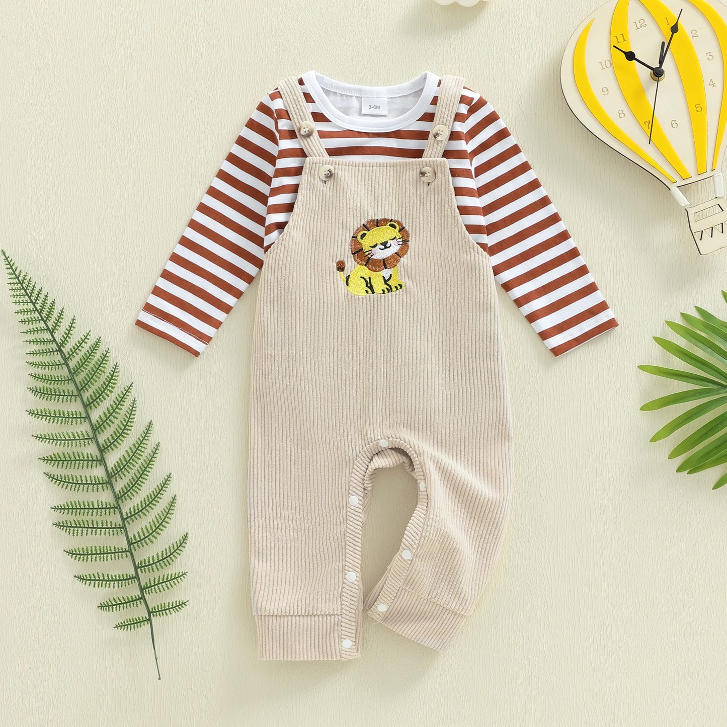 Baby Boys 2Pcs Clothing Sets Fashionable Long Sleeve Striped Topswith Lion Embroidery Overalls 2Pcs Fall Outfits
