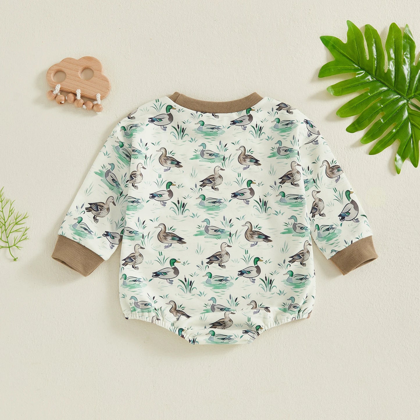 Baby Girls Boys Fall Romper Duck Print Long Sleeve Round Neck Bubble Jumpsuit