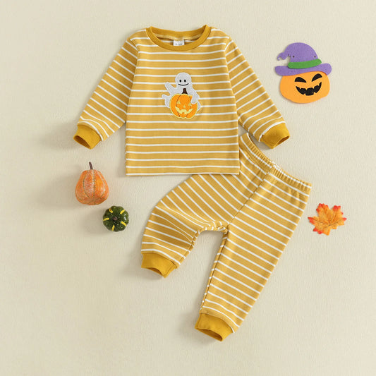 Baby Toddler Girls Boys 2Pcs Halloween Pajamas Set Long Sleeve Embroidery Pumpkin Ghost Top with Striped Pants Sleepwear