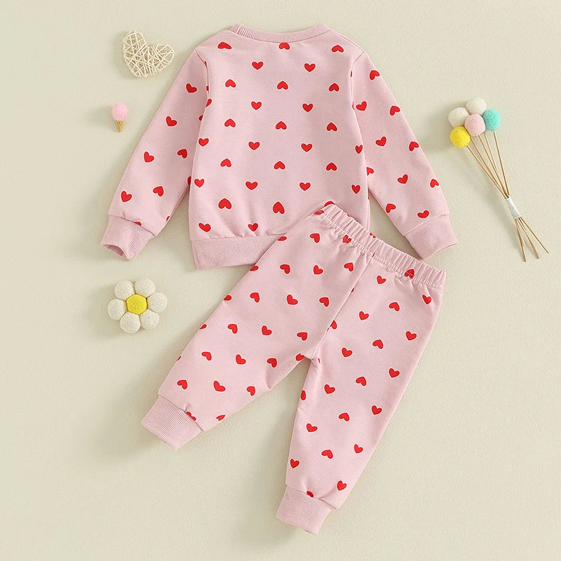 Baby Toddler Girls 2Pcs Clothes Valentine's Day Outfits Long Sleeve Crewneck Heart Print Pants Set