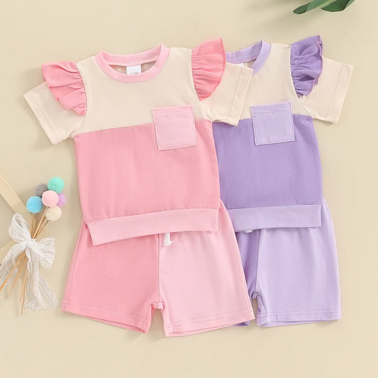 Lioraitiin Newborn Baby Girls Clothing Fly Sleeve Color Block Sweatsuit Infant Girl Summer Outfit Clothes Set