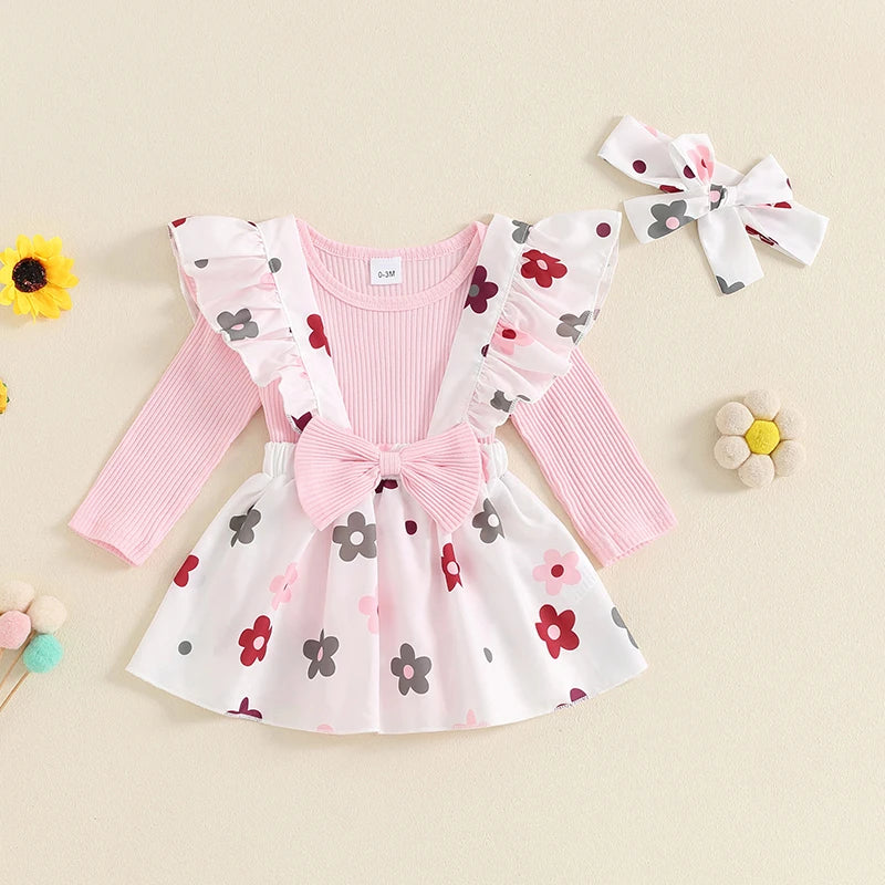 Baby Girls 3Pcs Fall Outfit Long Sleeve Ribbed Romper + Bow Suspender Flower Print Skirt + Headband Set