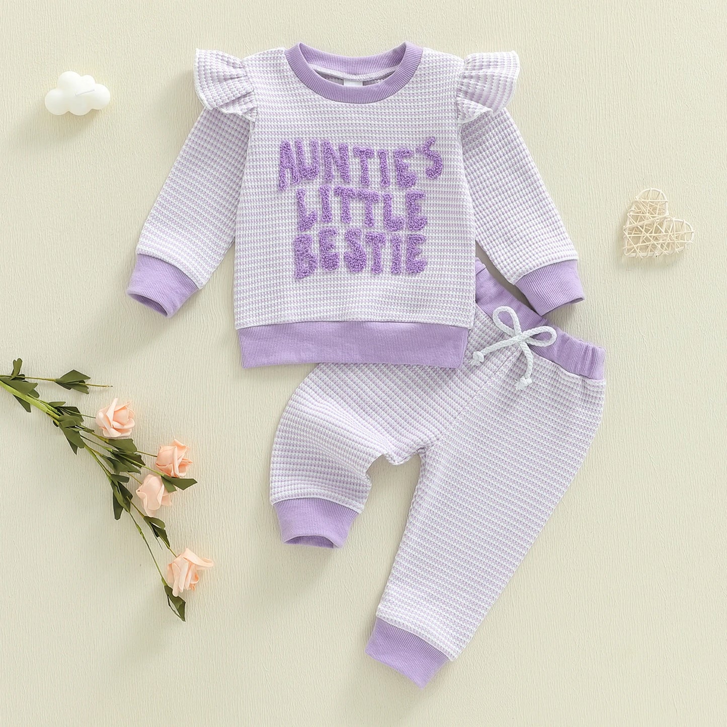 Baby Toddler Girl 2Pcs Auntie's Little Bestie Outfits Long Sleeve Letter Top Elastic Waist Pants Set Clothes
