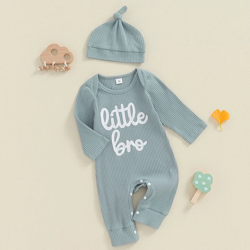 Baby Boys 2Pcs Little Bro Jumpsuit Set Long Sleeve Crew Neck Letters Print Romper with Hat Fall Outfit