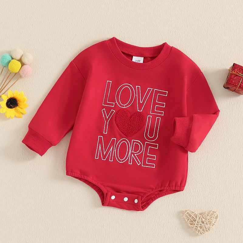 Baby Boys Girls Love You More Valentine's Day Romper Heart Letter Embroidery Long Sleeve Bubble Valentines Jumpsuit