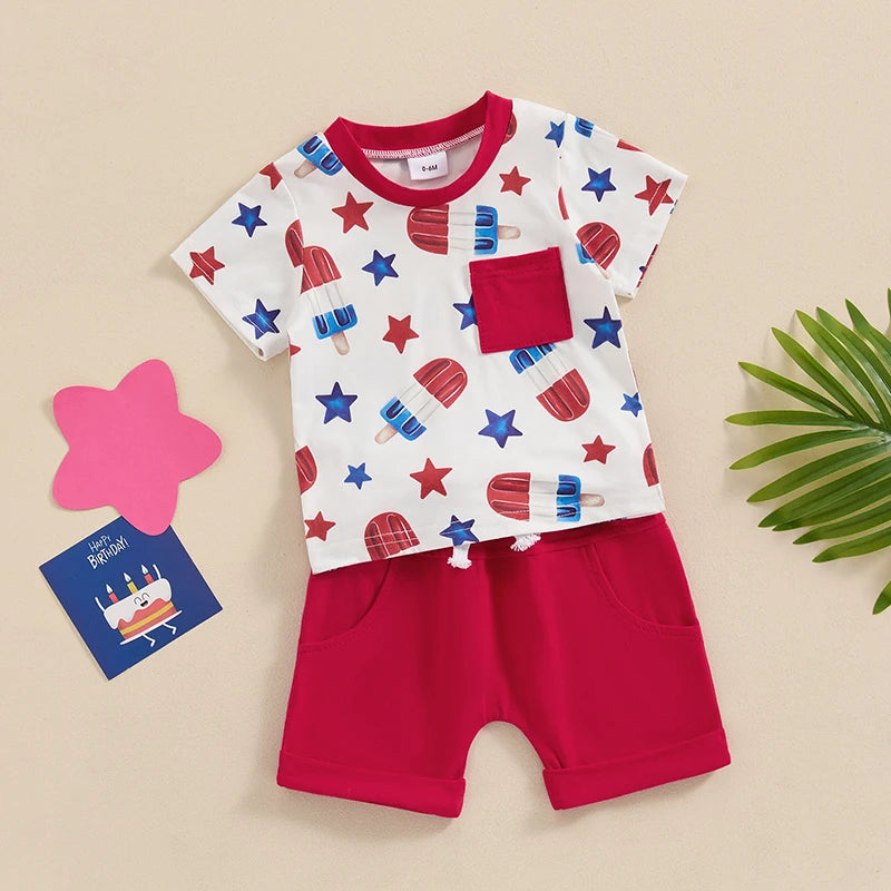 Baby Toddler Boy 2Pcs 4th of July Outfit Star Popsicle Print Short Sleeve Top with Pocket + Elastic Waist Shorts Independence Day Set