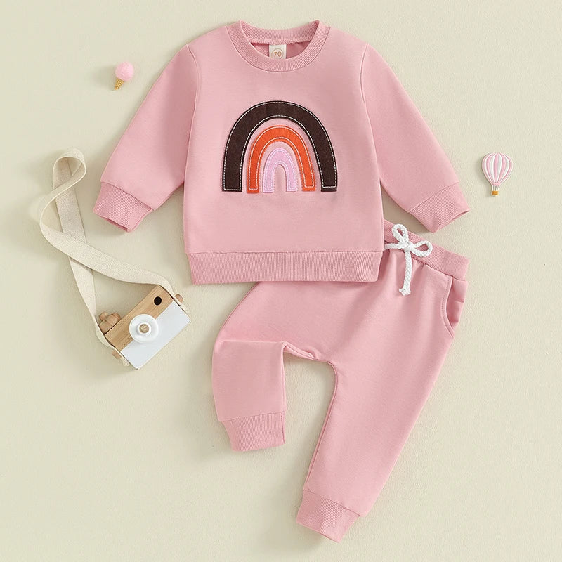 Baby Toddler Girls 2Pcs Outfit Long Sleeve Crew Neck Rainbow Top with Elastic Waist Jogger Pants Set