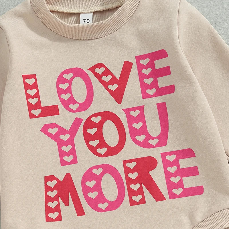 Baby Toddler Girls Valentine's Day Jumpsuit Letter LOVE YOU MORE Heart Print O-Neck Long Sleeve Bubble Romper