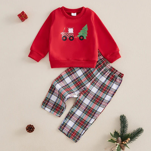 Toddler Kids Boys Girls 2Pcs Christmas Set Truck Christmas Tree Print Long Sleeve Top with Plaid Pants Outfit