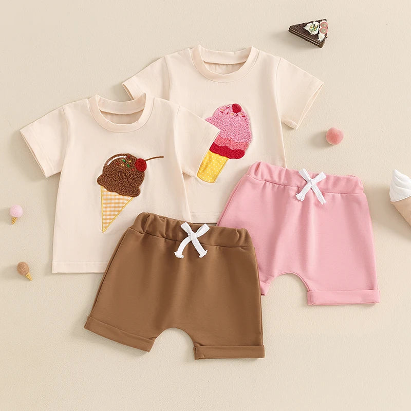 Baby Toddler Girl Boy 2Pcs Summer Outfit Ice Cream Embroidery Short Sleeve Top and Elastic Shorts Set