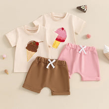 Load image into Gallery viewer, Baby Toddler Girl Boy 2Pcs Summer Outfit Ice Cream Embroidery Short Sleeve Top and Elastic Shorts Set
