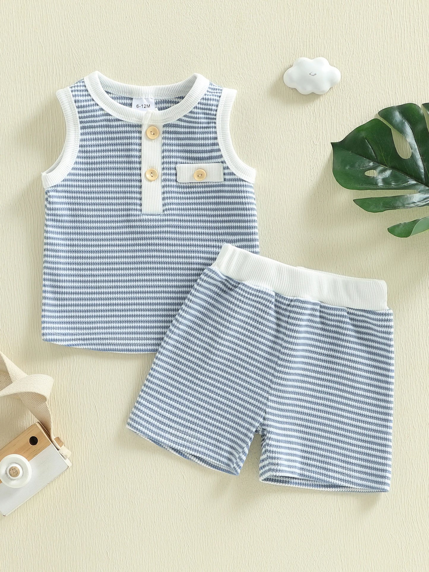 Baby Toddler Boys 2Pcs Summer Outfit Contrast Color Striped Half Button Up Crew Neck Sleeveless Tank Top and Shorts Set