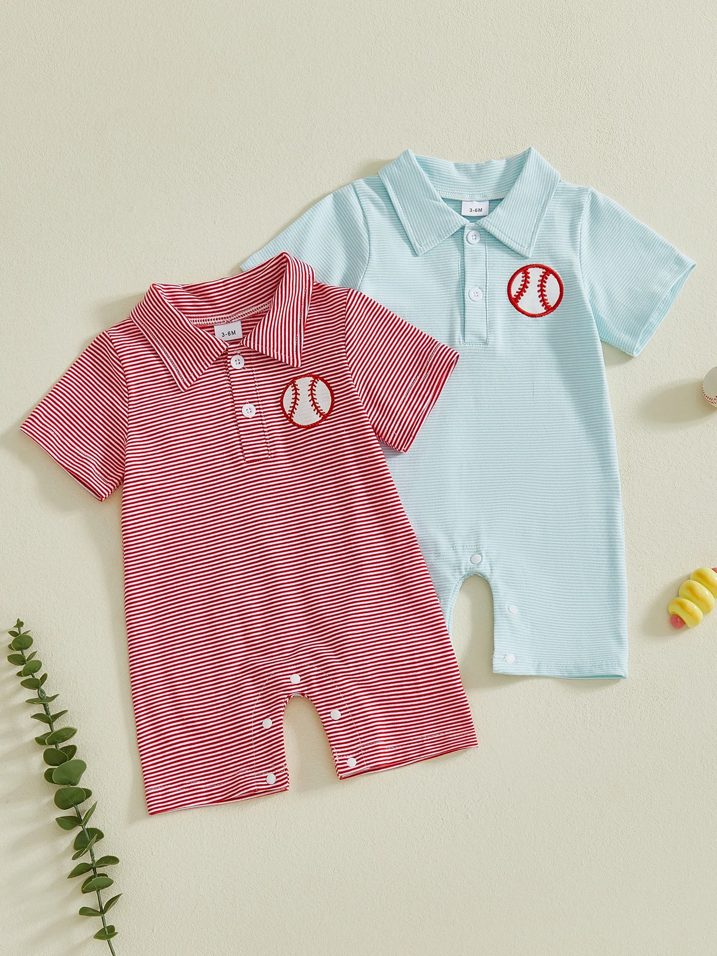 Baby Boy Romper Lapel Collar Short Sleeve Baseball Embroidery Upper Button Striped Jumpsuit