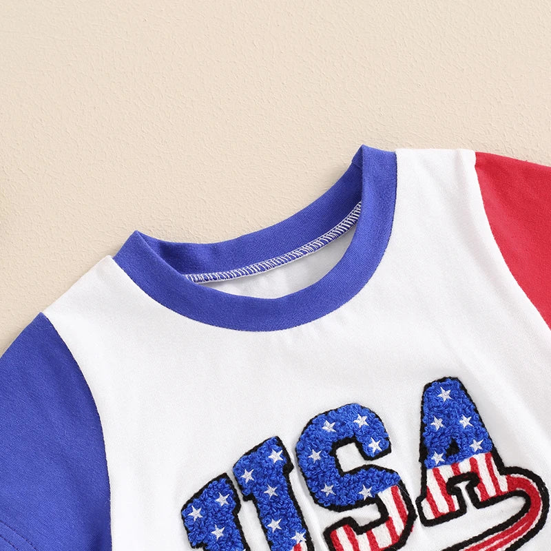 Baby Toddler Boys USA 4th of July Outfit Letter Embroidery Short Sleeve Top with Stripe Shorts for Independence Day Set