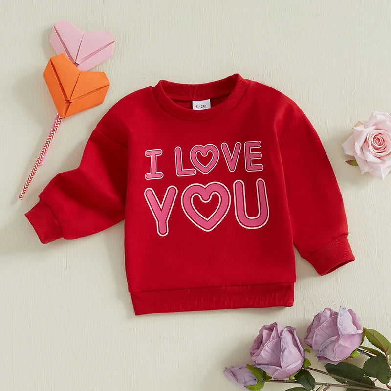 Baby Toddler Girls Valentine’s Day Long Sleeve Valentines University Cupid / I Love You Heart Letter Print Pullover Top