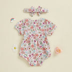 Baby Girls 2Pcs Elastic Waist Romper Floral Flowers / Bow / Strawberry Short Sleeve Bodysuit with Headband Clothes Set Outfit Spring Summer