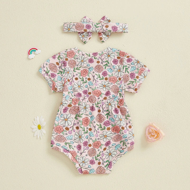 Baby Girls 2Pcs Elastic Waist Romper Floral Flowers / Bow / Strawberry Short Sleeve Bodysuit with Headband Clothes Set Outfit Spring Summer