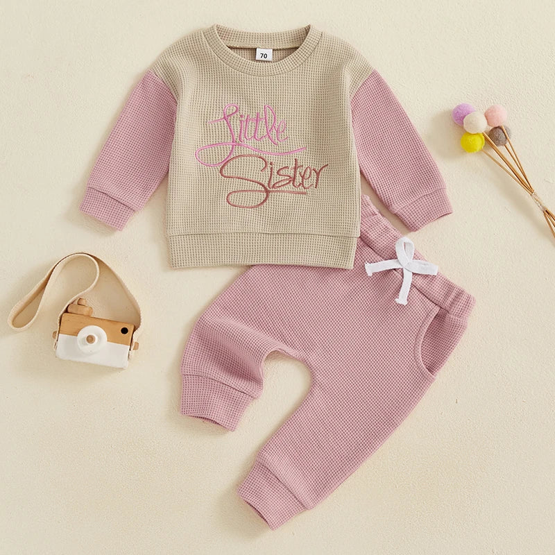 Baby Toddler Girls Boys 2Pcs Little Brother / Sister Jogger Set Long Sleeve Embroidery Letters Top with Elastic Waist Pants Outfit