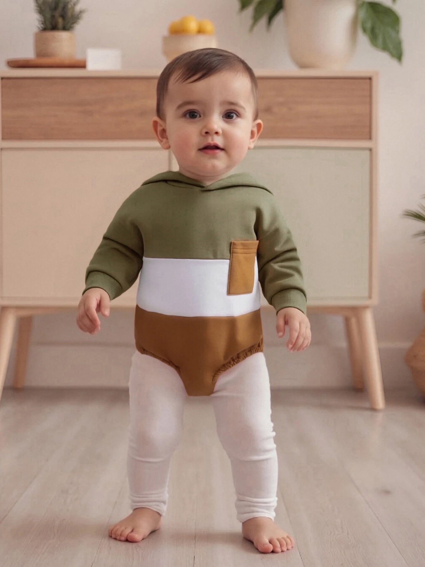 Baby Toddler Boy Autumn Hooded Romper Contrast Color Patchwork Long Sleeve Jumpsuit Cute Infant Bodysuit