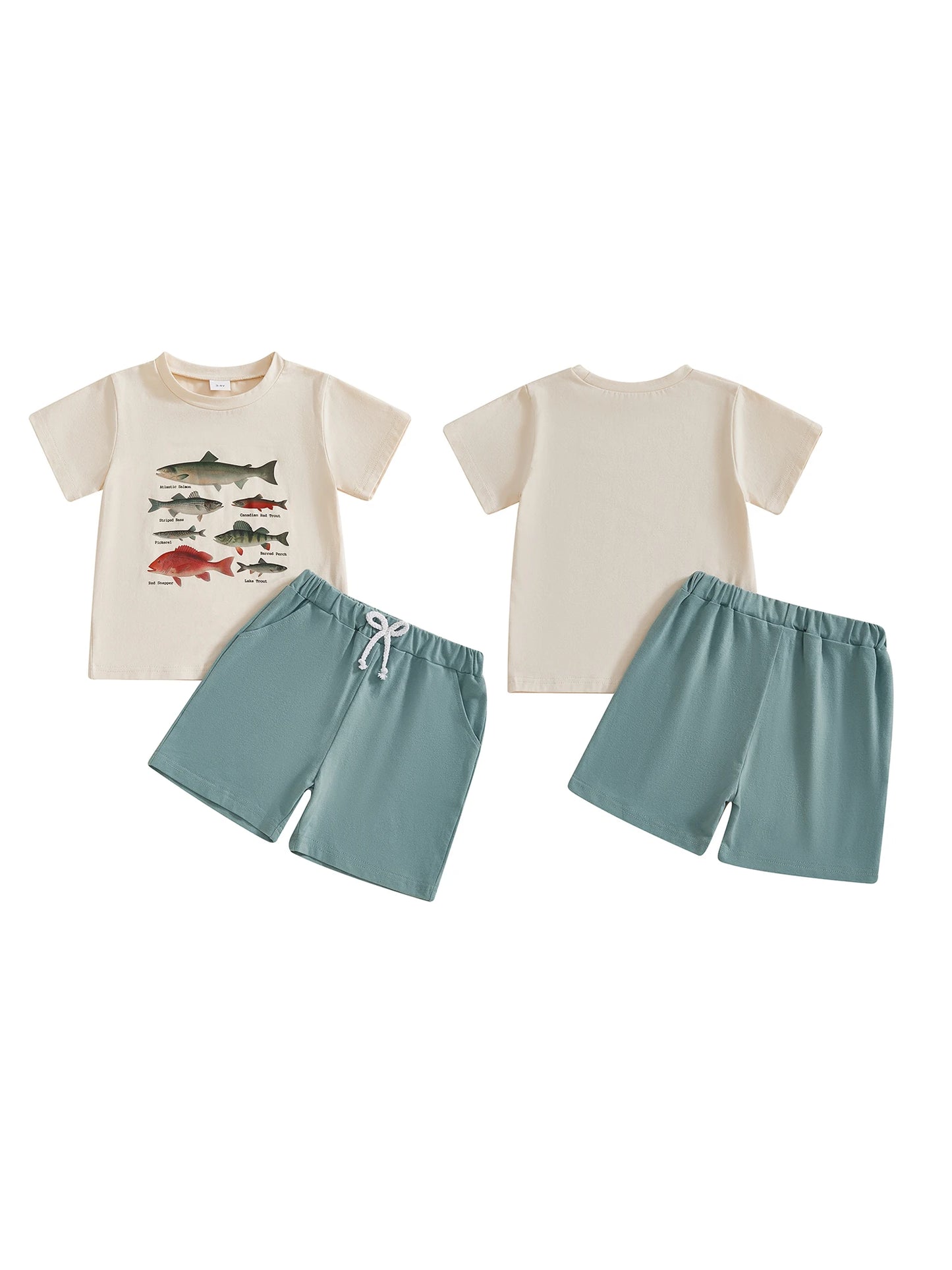 Baby Toddler Boy 2Pcs Outfit Fish Chicken Short Sleeve T-Shirt Top and Solid Shorts 2 Piece Set