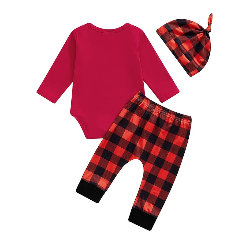 Baby Boys Girls 3Pcs Merry Mini Christmas Set Letter Print Long Sleeve Romper Plaid Print Long Pants Hat Outfit