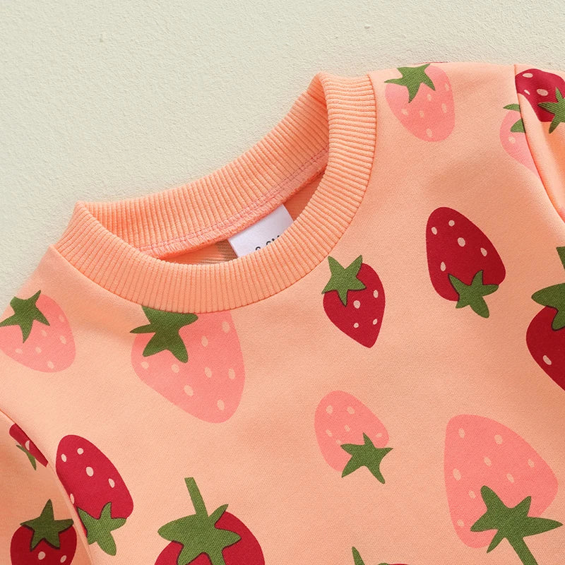 Baby Toddler Girls 2Pcs Outfit Strawberry Print Long Sleeve Crew Neck Top with Elastic Waist Pants Fall Set