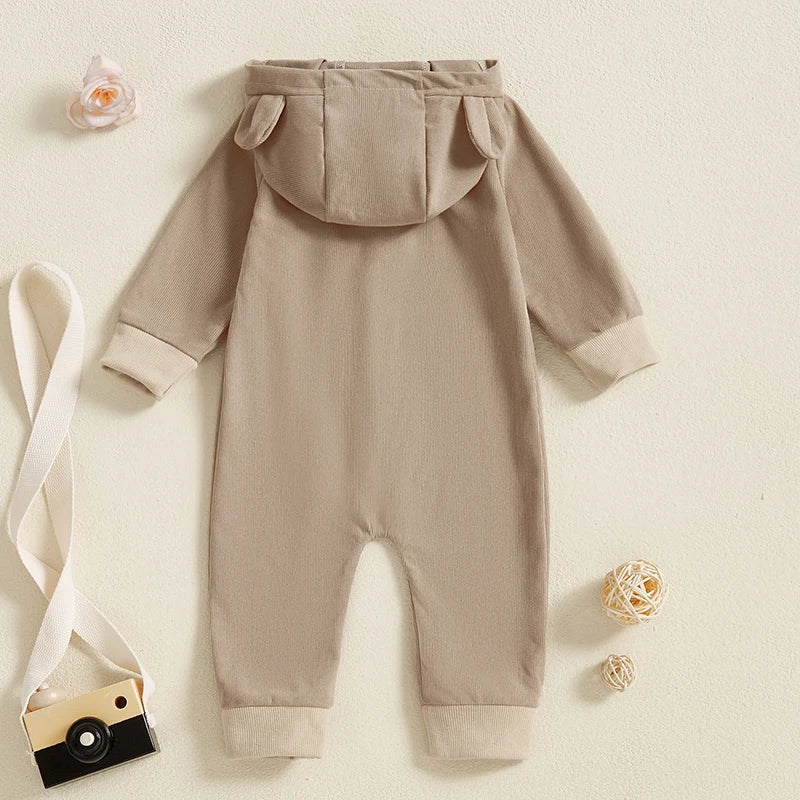 Baby Boys Girls Button-up Jumpsuit Cute Bear Ears Hooded Long Sleeve Chest Pocket Fall Romper Unisex