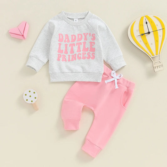 Baby Toddler Girls 2Pcs Daddy's Little Princess Long Sleeve Letter Print Top Solid Color Pants Outfit Set