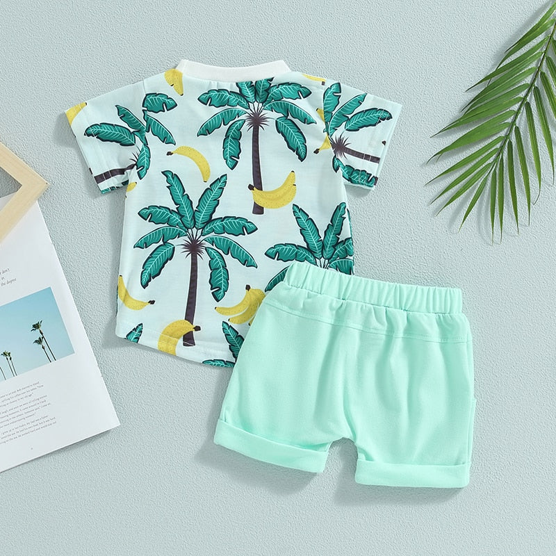 Toddler Baby Boy 2Pcs Palm Tree Print Short Sleeve Crew Neck T-Shirts Shorts Outfit