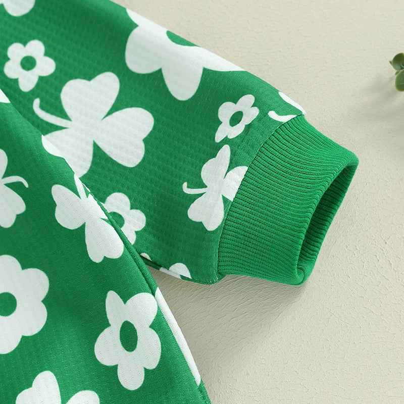 Toddler Baby Girl Boy 3Pcs St. Patrick's Day Outfit Long Sleeve Flower Shamrock Print Crewneck Top Pants with Bow Headband Set