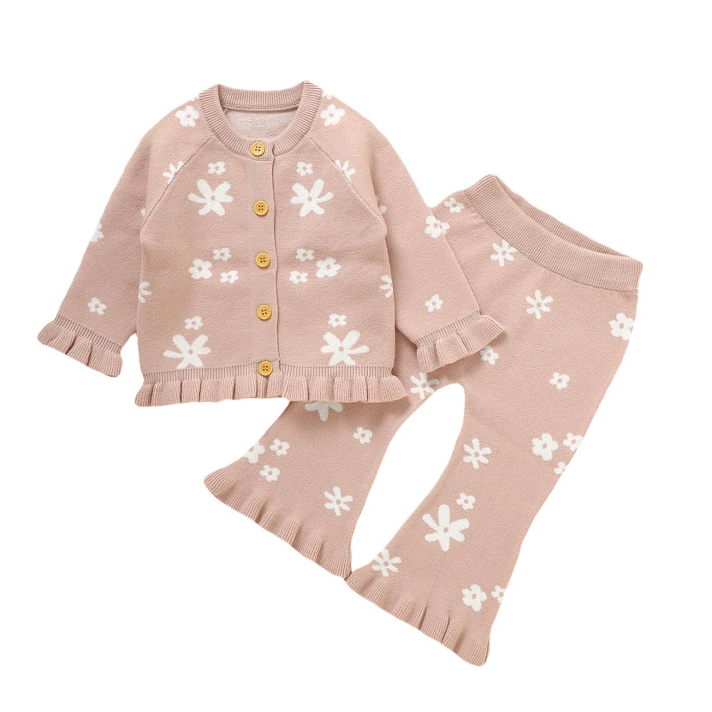 Baby Toddler Girl 2Pcs Fall Outfits Long Sleeve Floral Print Knit Cardigan Tops Flare Pants Set Toddler Clothes
