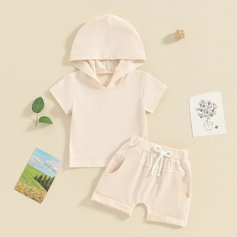 Toddler Baby Girl Boy 2Pcs Outfit Solid Color Hooded Short Sleeve Top and Shorts Set