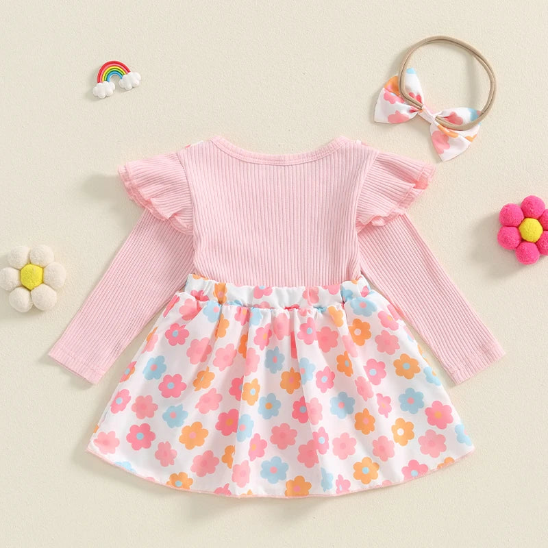 Baby Girls 2Pcs Romper Dress Flower Print Long Sleeve Skirt Overalls Jumpsuit Fall Bodysuits with Headband Set