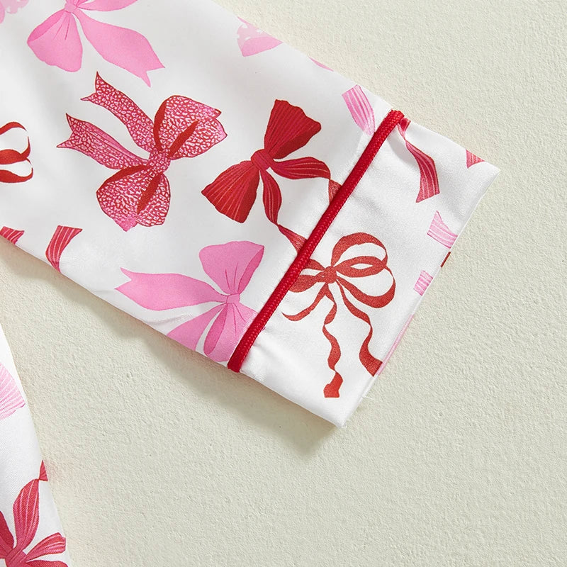 Baby Toddler Girl 2Pcs Pajamas Set Bow Pattern Button Down V Neck Long Sleeve Top and Pants Lounge Wear 2 Pcs PJs Set for Fall Winter