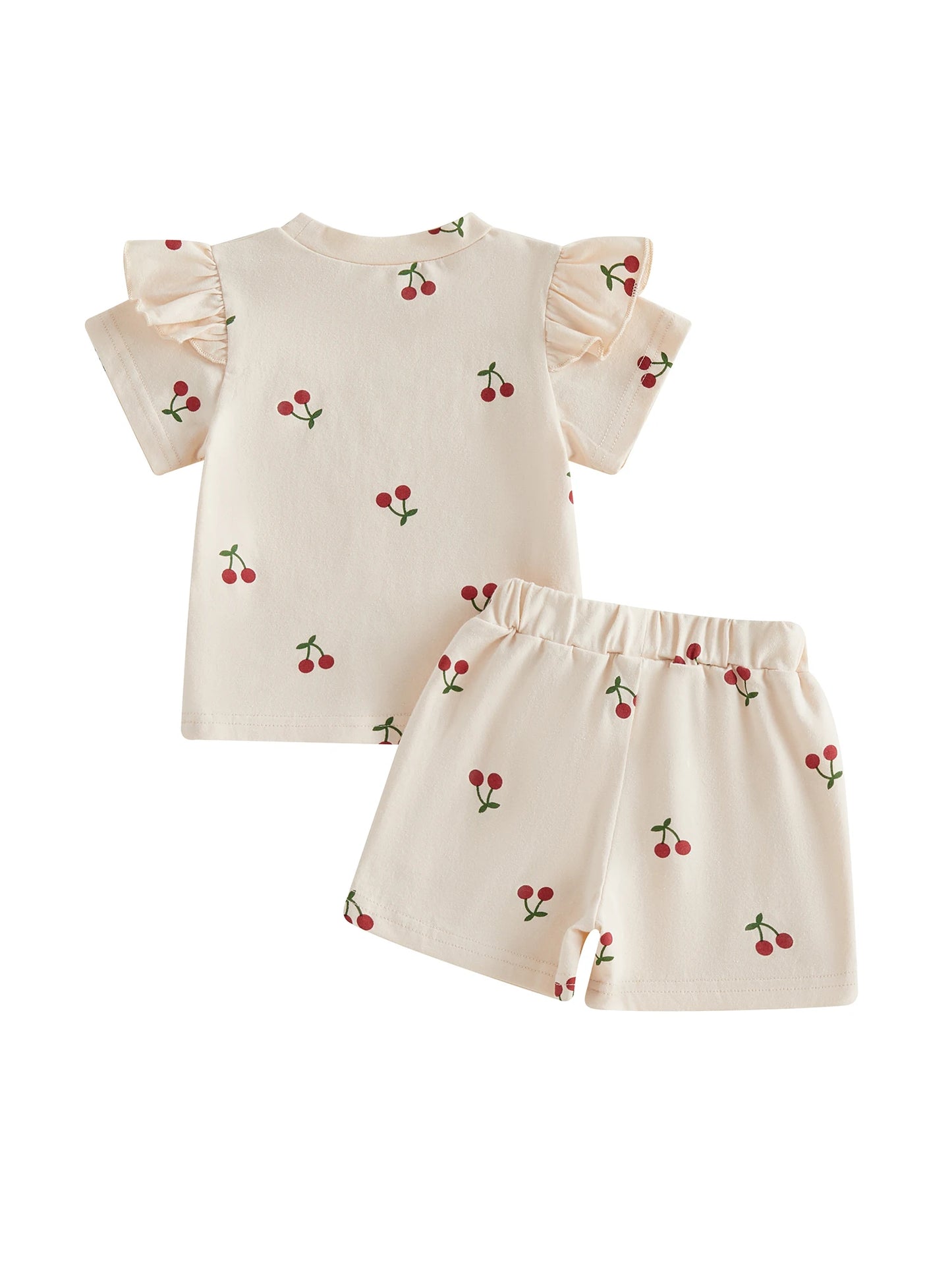 Baby Toddler Girls 2Pcs Summer Outfit Cherry Print Crew Neck Short Sleeve Top Elastic Waist Shorts Clothes Set