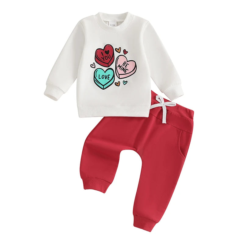 Baby Toddler Boys Girls 2Pcs Valentine's Day Outfit Heart Truck / Infinity You Me / Candy Hearts Print Crew Neck Long Sleeve Top Long Pants Valentines Jogger Set