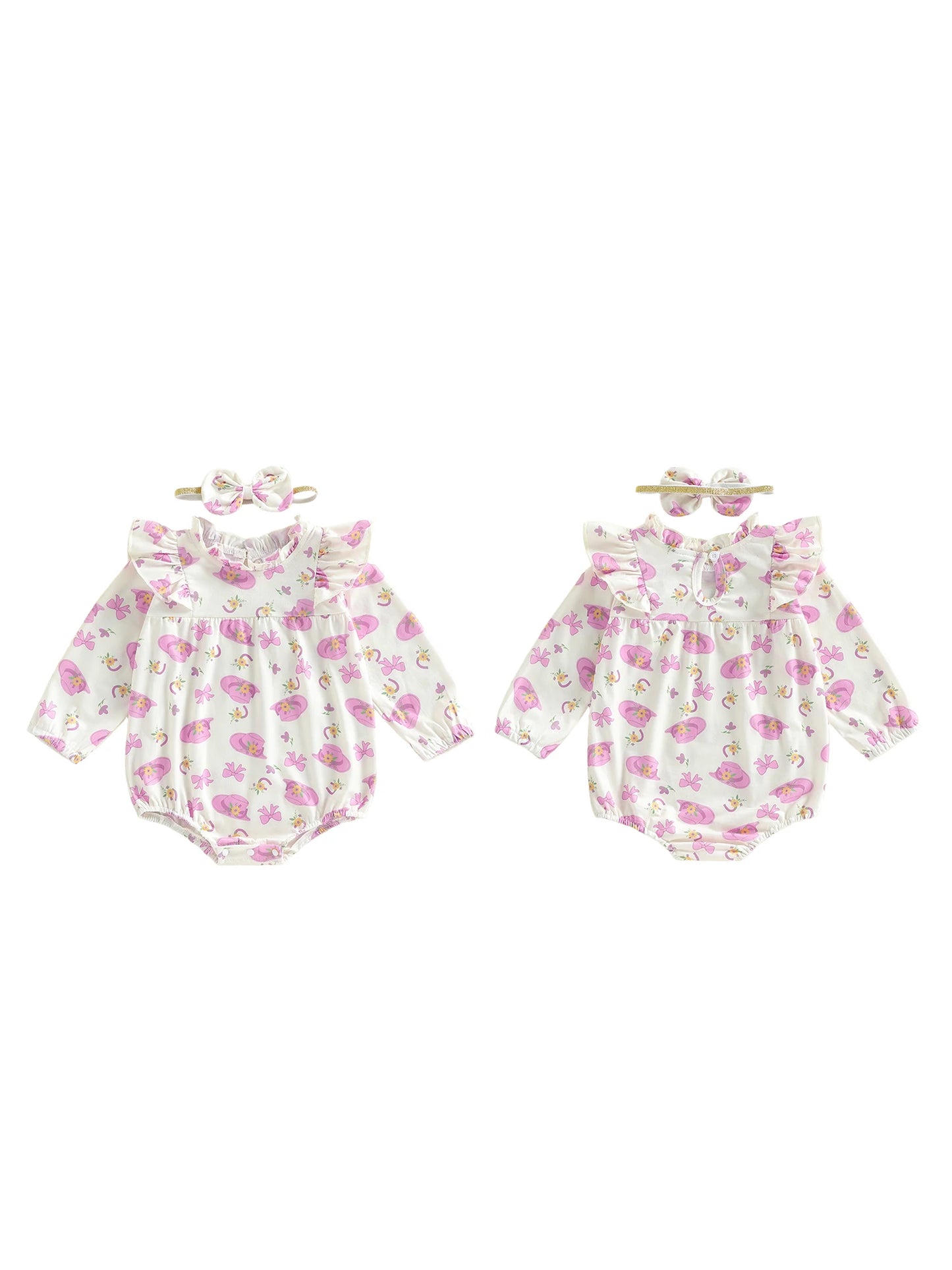 Baby Girl 2Pcs Outfit Long Sleeve Crew Neck Hat Bow Print Romper with Hairband Fall Clothes Set