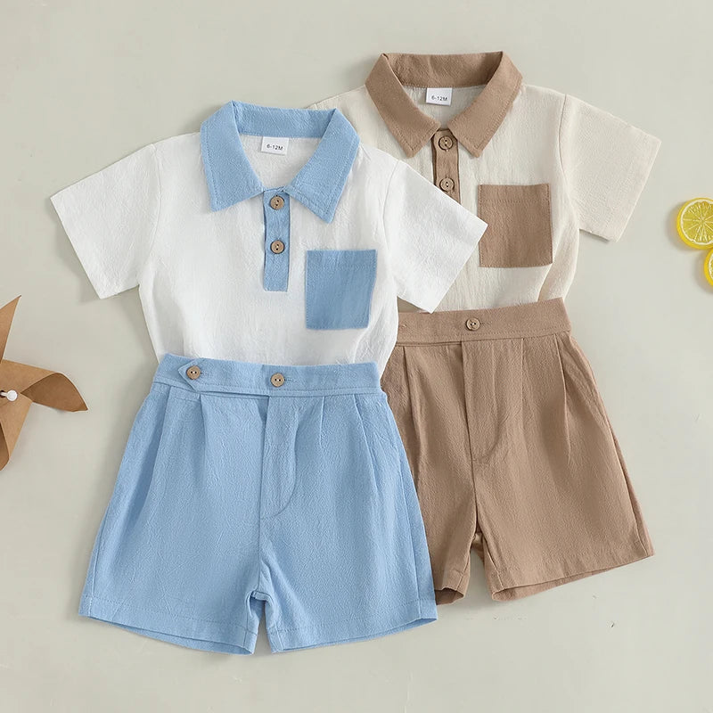 Baby Toddler Boys 2Pcs Summer Outfit Contrast Color Button Turn Down Collar Short Sleeve Shirt Top with Shorts Set