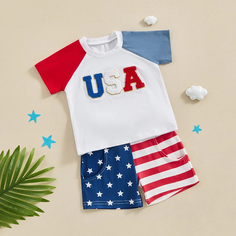 Baby Toddler Boys 2Pcs 4th of July White Short Sleeve USA Letter Embroidery Top Star Stripe Print Shorts Set