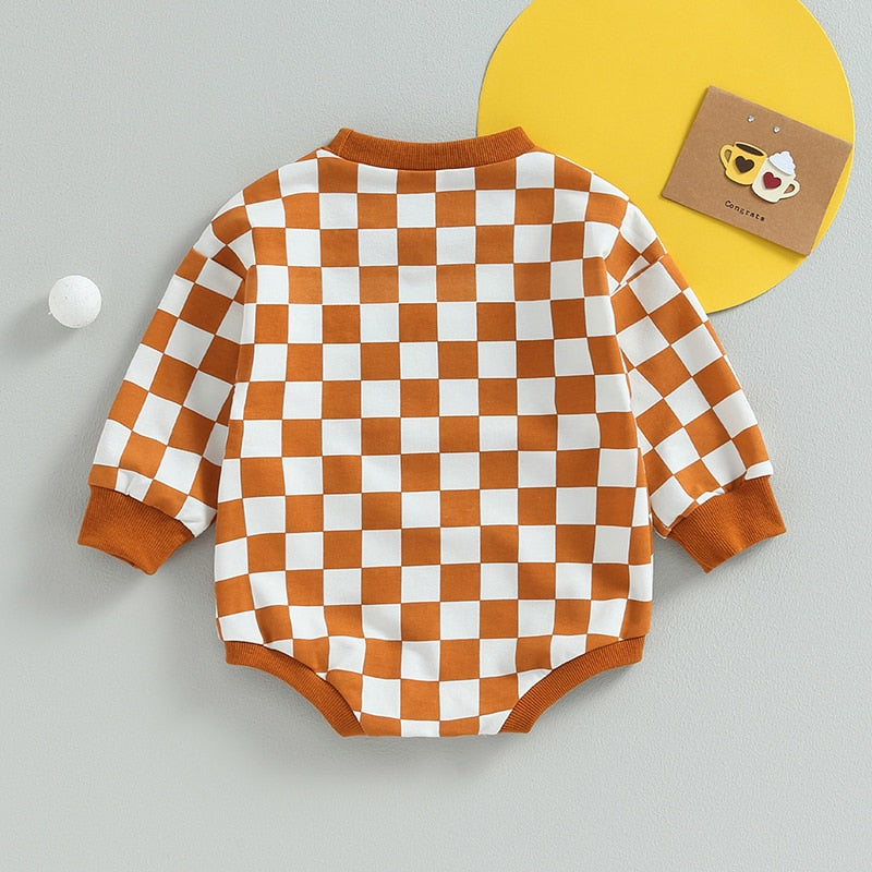 Baby Boy Girl Fall Sweatshirt Bodysuit Checkerboard Print Long Sleeve Jumpsuit Romper